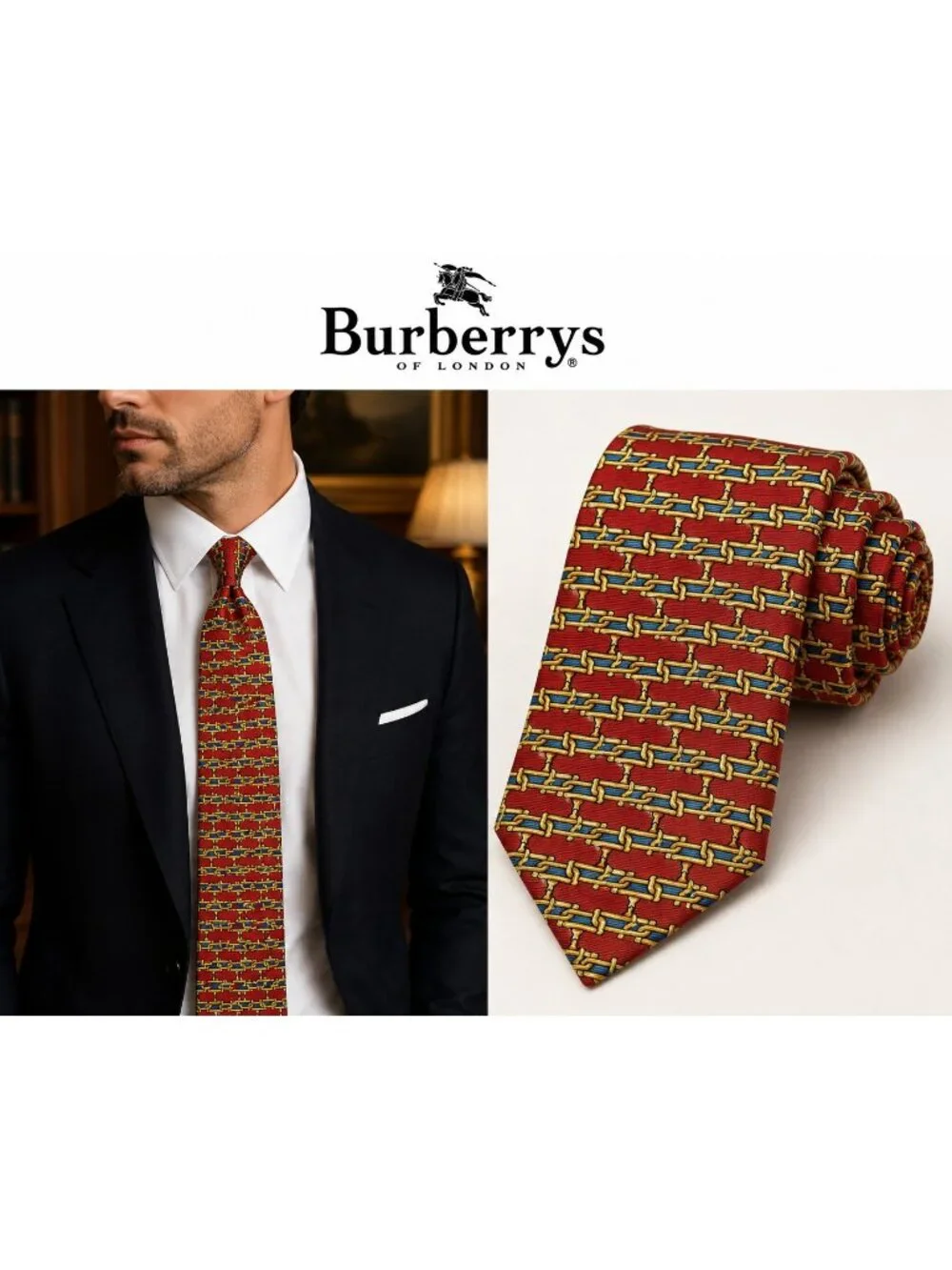Vintage Burberrys Silk Tie Red Blue Gold Equestrian Horse Bit Made USA